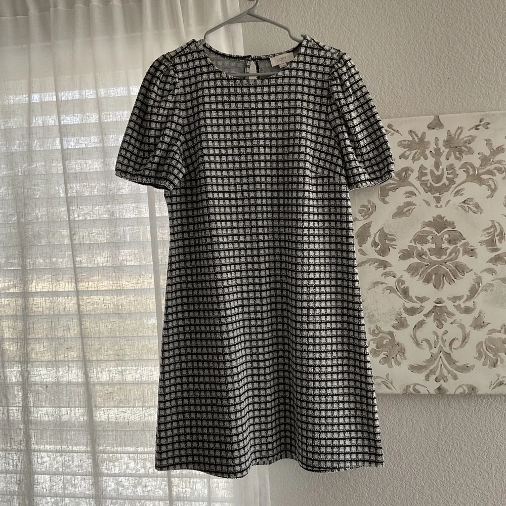 LOFT Black and White Check Puff Sleeve Mini Dress - Picture 1 of 5